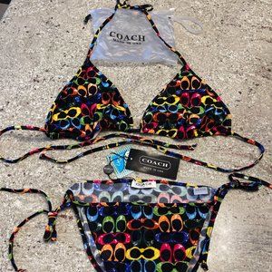 NEW W/TAGS COACH MONOGRAM BLACK-MULTI COLOR TRIANGLE  STRING BIKINI  XL  & POUCH